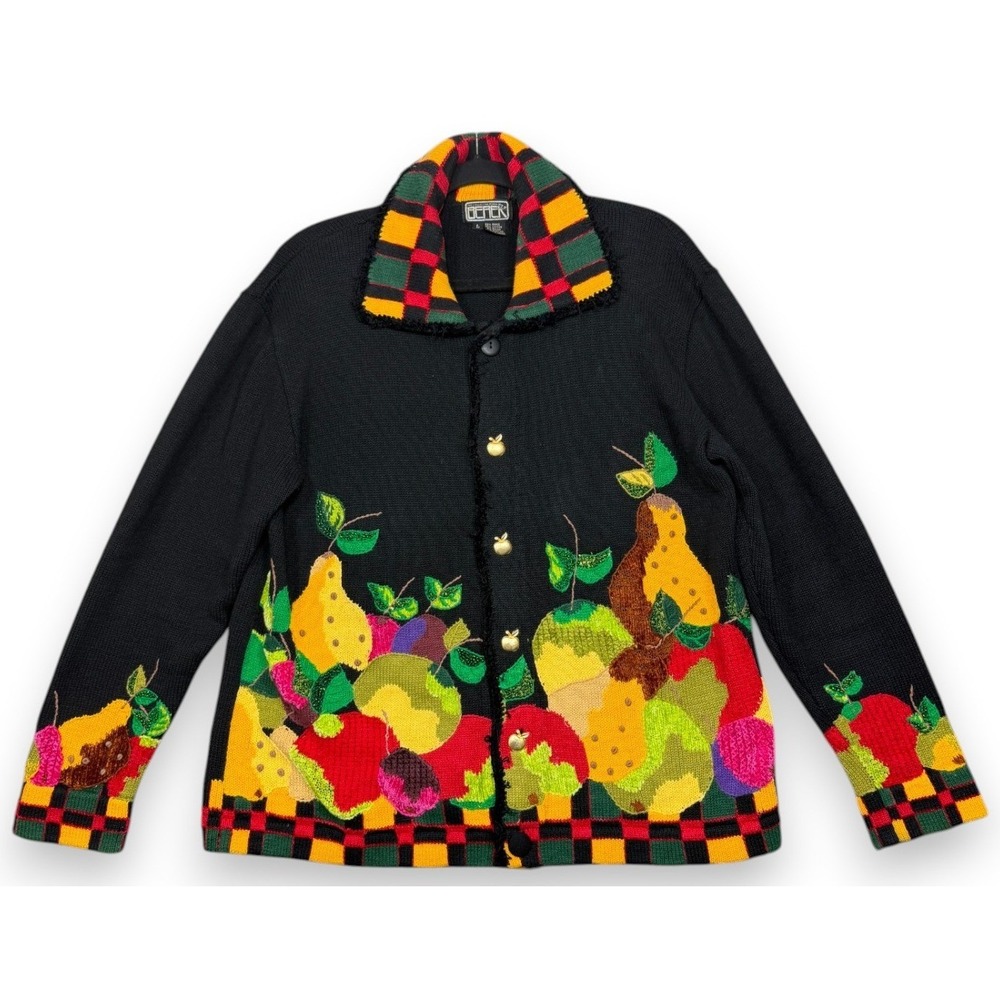 Berek Cardigan Sweater Womens L‎ Black Fruit Apple Pear Beaded Knit Vintage